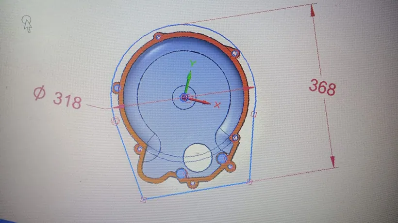 Perfil de la campana acotado en el CAD, Ø318 y 368 mm