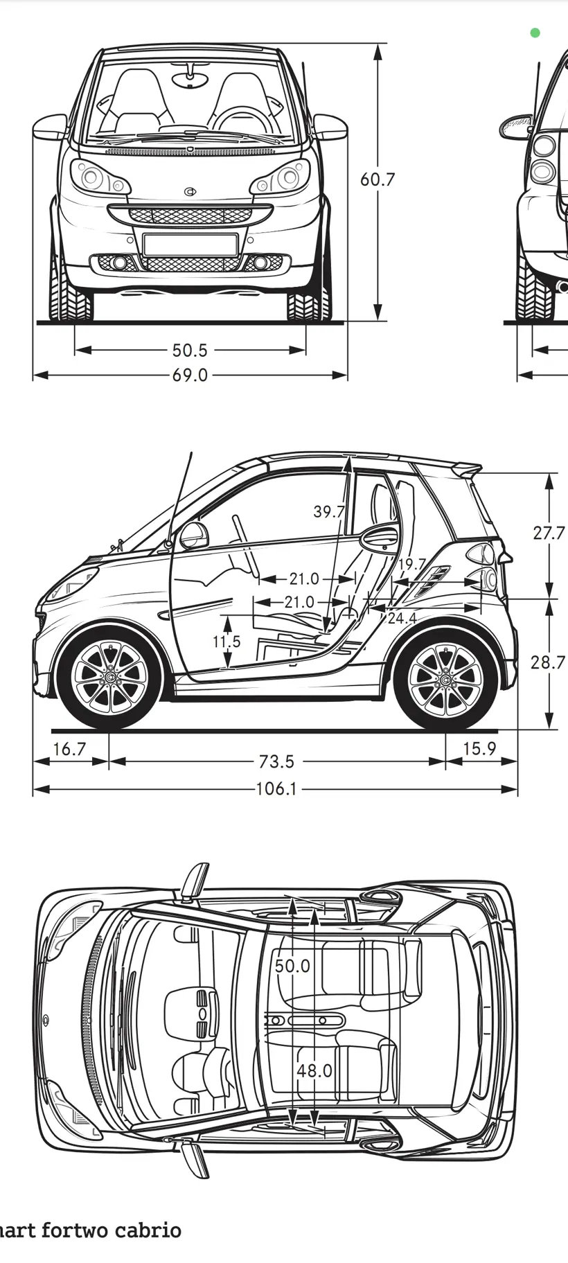 Plano acotado del Smart fortwo cabrio con medidas